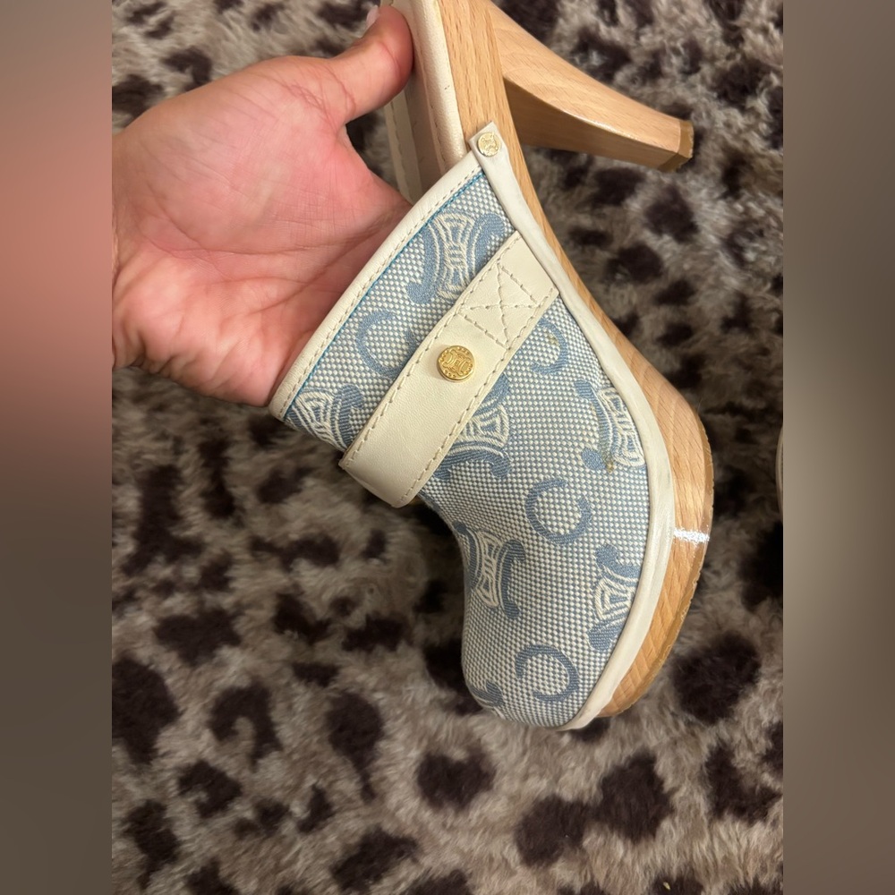 Women’s Blue and White Slip-On Wedge Mule with Gold Accents - Picture 2 of 7